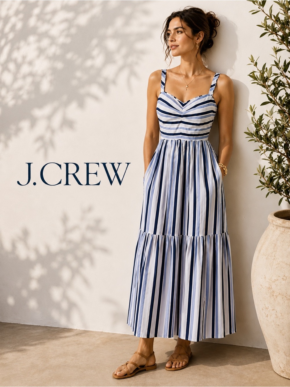 J. Crew Blue & White Striped Maxi Sundress